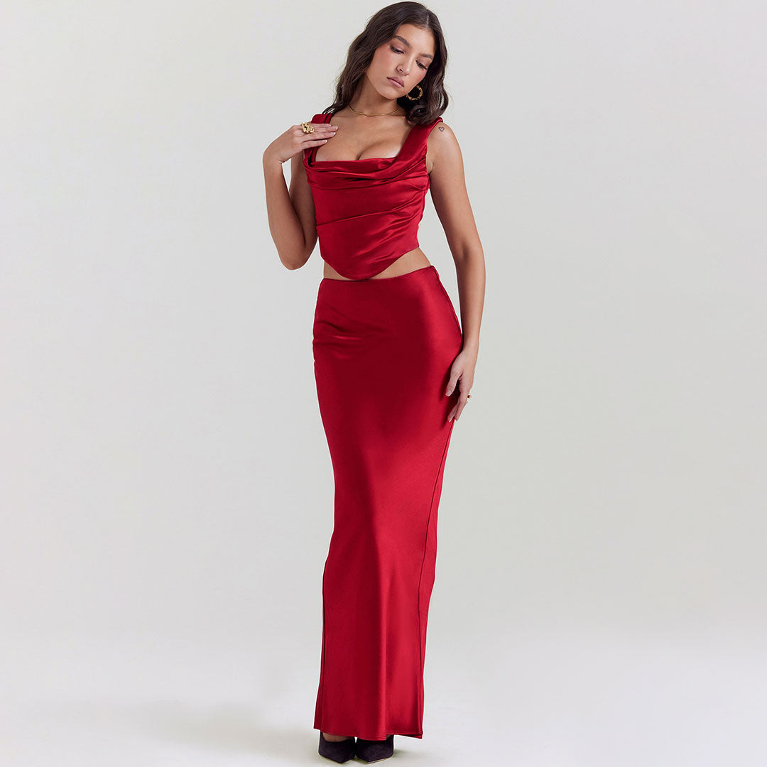 Luxury Cowl Neck Lace Up Satin Corset Top Maxi Skirt Matching Set - Burgundy