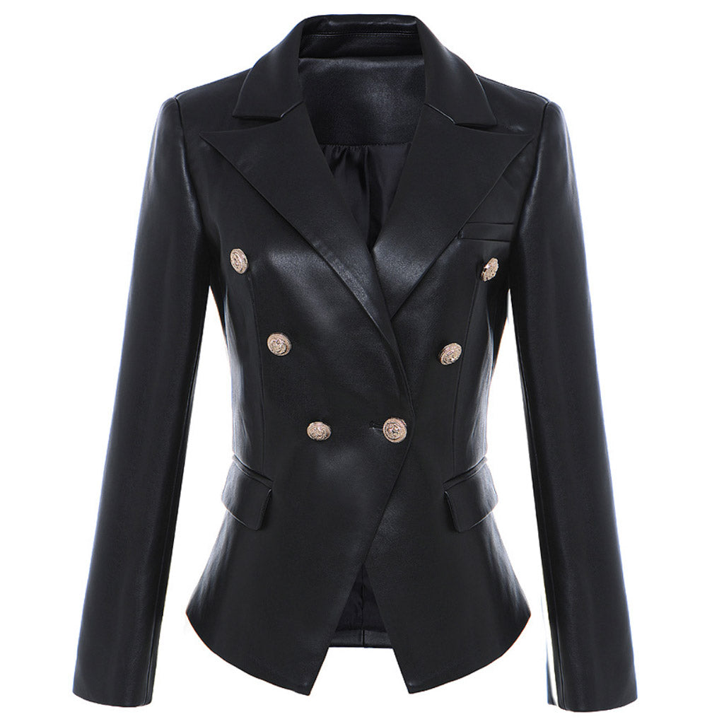 Luxury Double Breast Long Sleeve Leather Blazer Jacket - Black