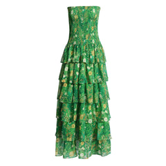 Luxury Floral Print Strapless Smocked Lurex Chiffon Tiered Ruffled Maxi Dress