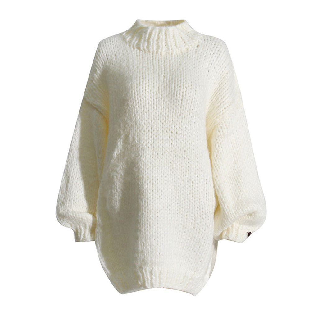 Luxury High Neck Blouson Sleeve Crochet Knit Chunky Yarn Oversized Sweater