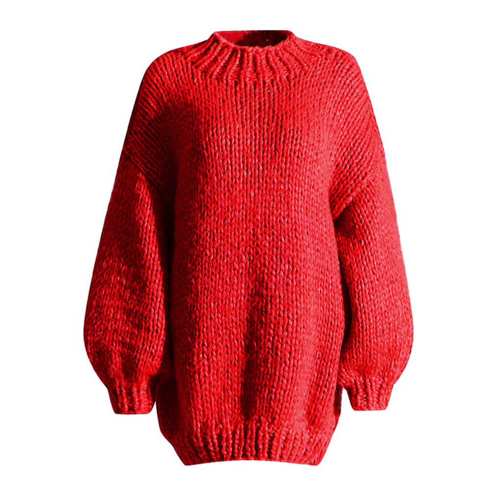 Luxury High Neck Blouson Sleeve Crochet Knit Chunky Yarn Oversized Sweater