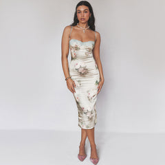 Luxury Lace Trim Bustier Spaghetti Strap Floral Print Bodycon Midi Satin Dress