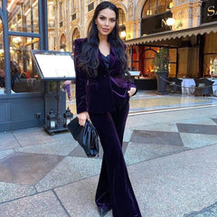 Luxury Lapel Collar Long Sleeve Velvet Blazer Matching Set - Purple