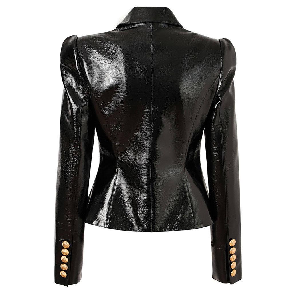 Luxury Lapel Gold Tone Double Breasted Fitted Waist Sheen Vegan Leather Jacket