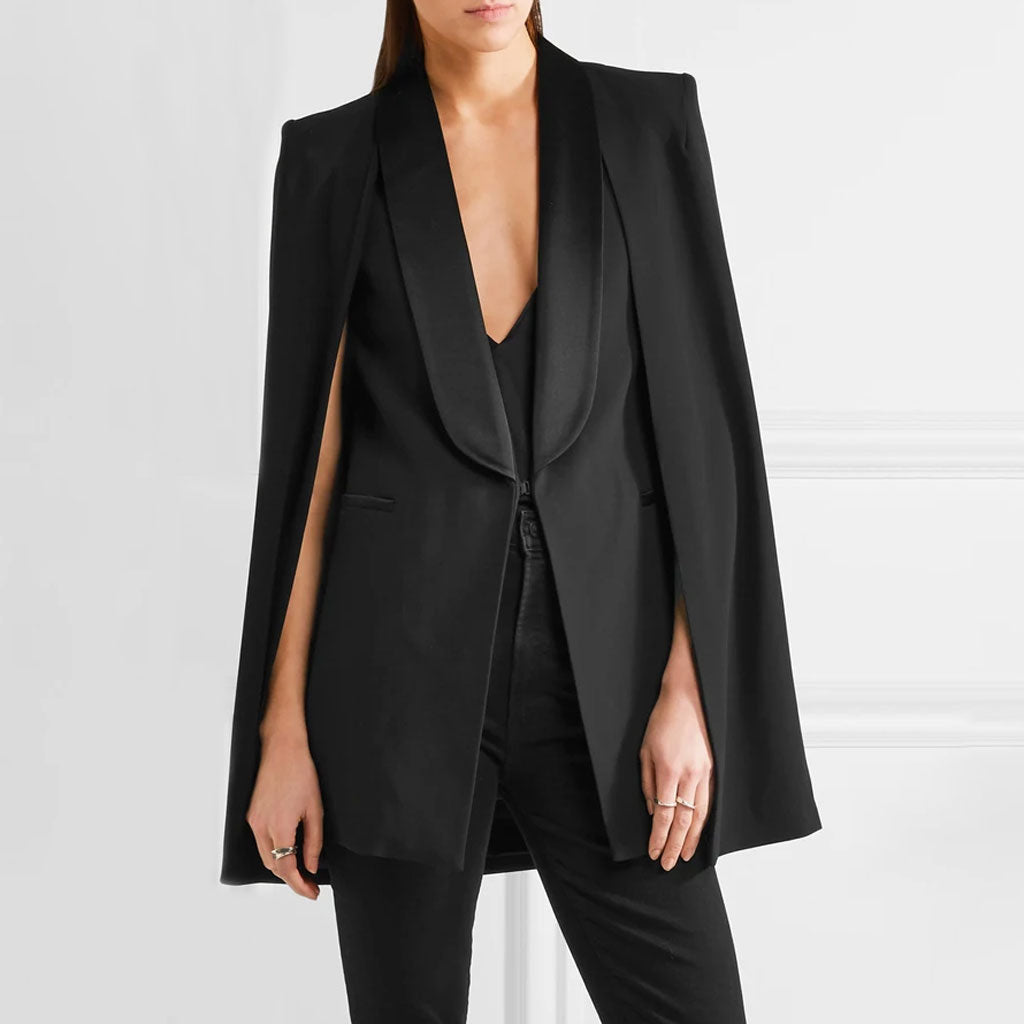 Luxury Monochrome Sheen Shawl Collar Shoulder Pad Tailored Cape Blazer