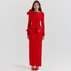 Luxury Oversized Bow Boat Neck Bodycon Long Sleeve Thigh Split Cut Out Maxi Dress