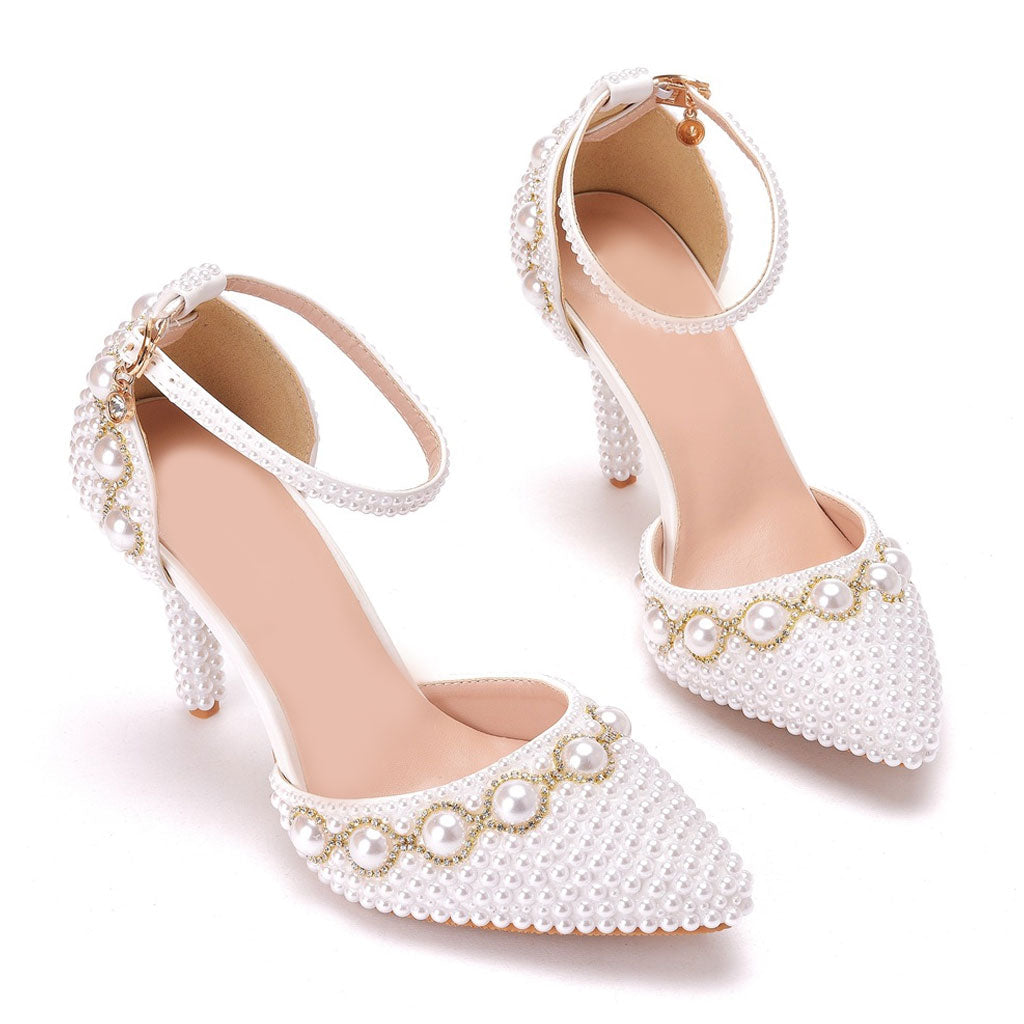 Luxury Pearl Embellished Ankle Strap Pointed Toe Stiletto Sandals - White