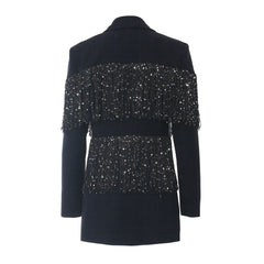 Luxury Plaid Print Lapel Collar Long Sleeve Single Button Sequin Fringe Blazer