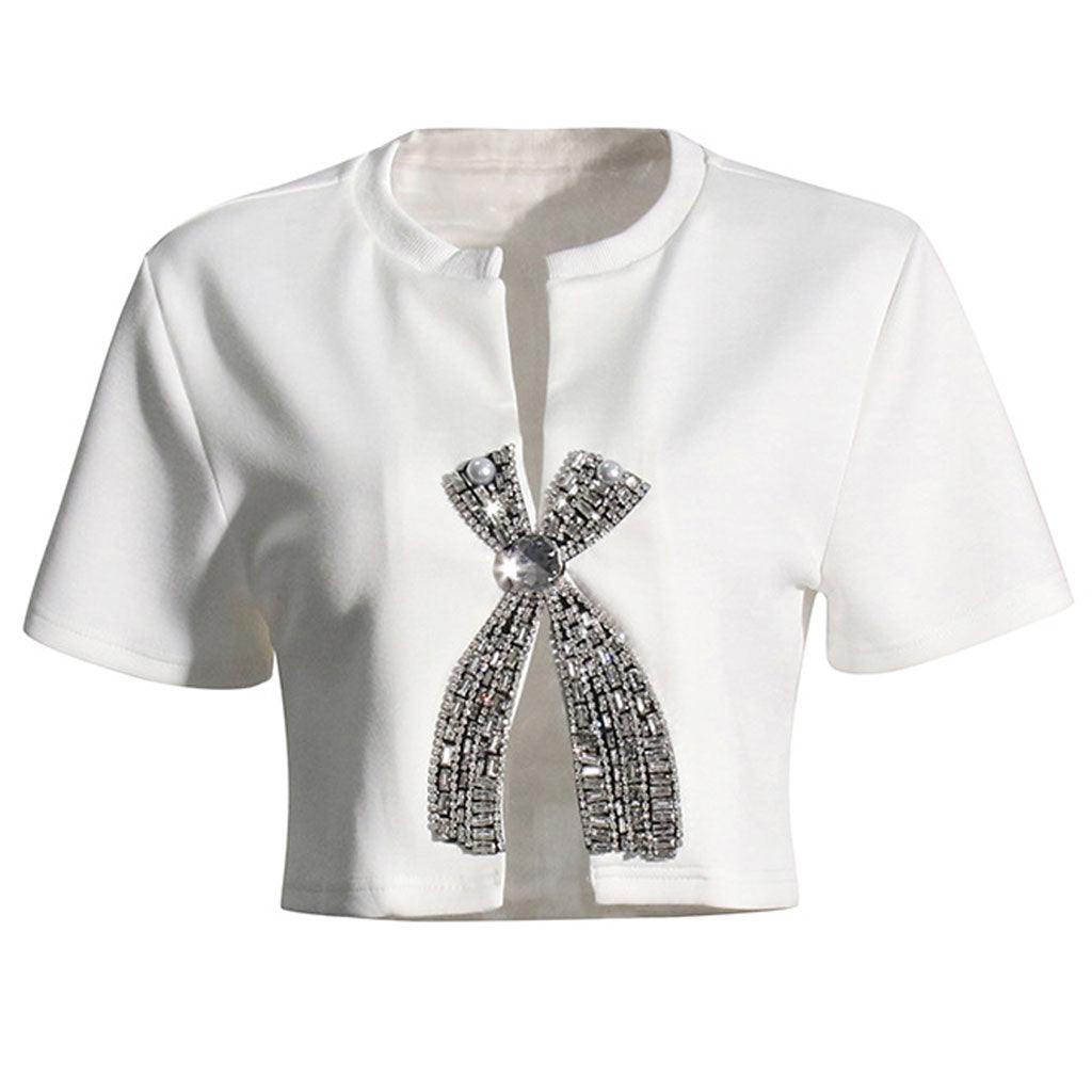 Luxury Rhinestone Bow Split Short Sleeve Notched V Neck Crop Top