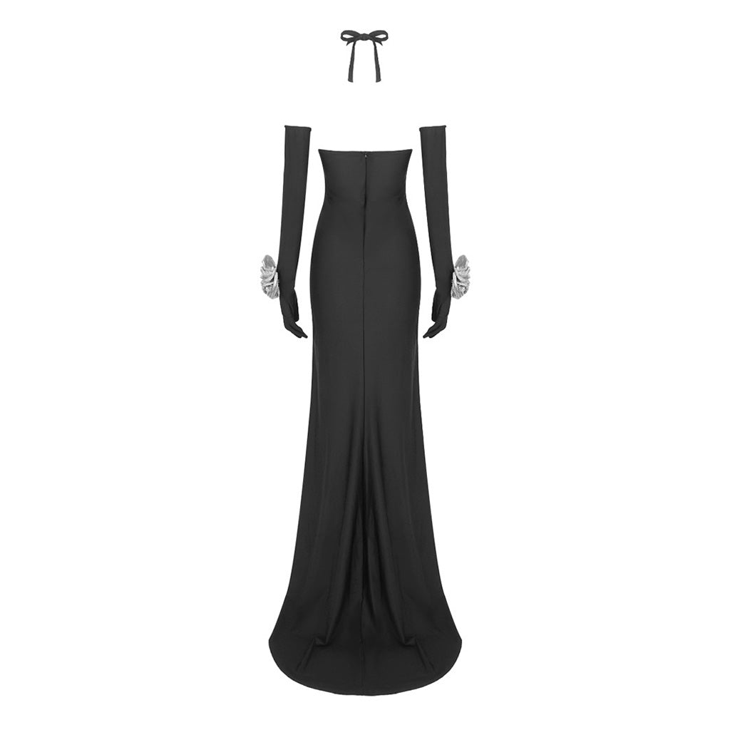 Luxury Rosette Opera Glove Front Slit Long Train Halter Cutout Evening Dress