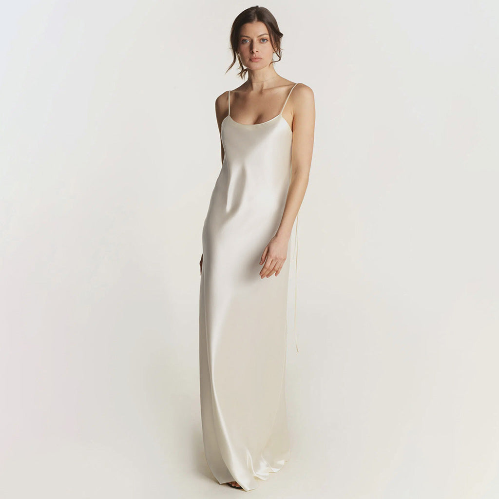 Luxury Scoop Neck Spaghetti Strap Backless Silk Satin Maxi Slip Dress