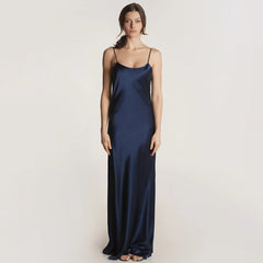 Luxury Scoop Neck Spaghetti Strap Backless Silk Satin Maxi Slip Dress