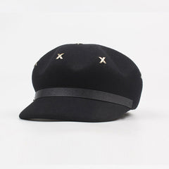 Metal Cross Stud Embellishment Newsboy Hat - Black