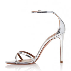 Metallic Cross Strap High Heel Leather Sandals - Silver