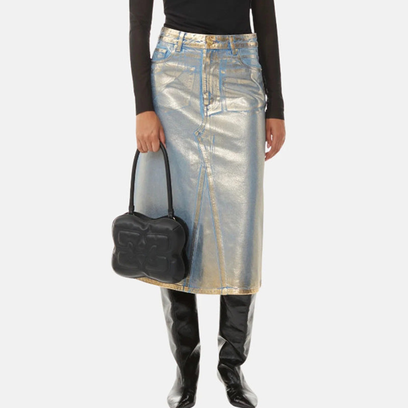 Metallic Foil Blue and Gold Hybrid High Waist A Line Midi Denim Skirt