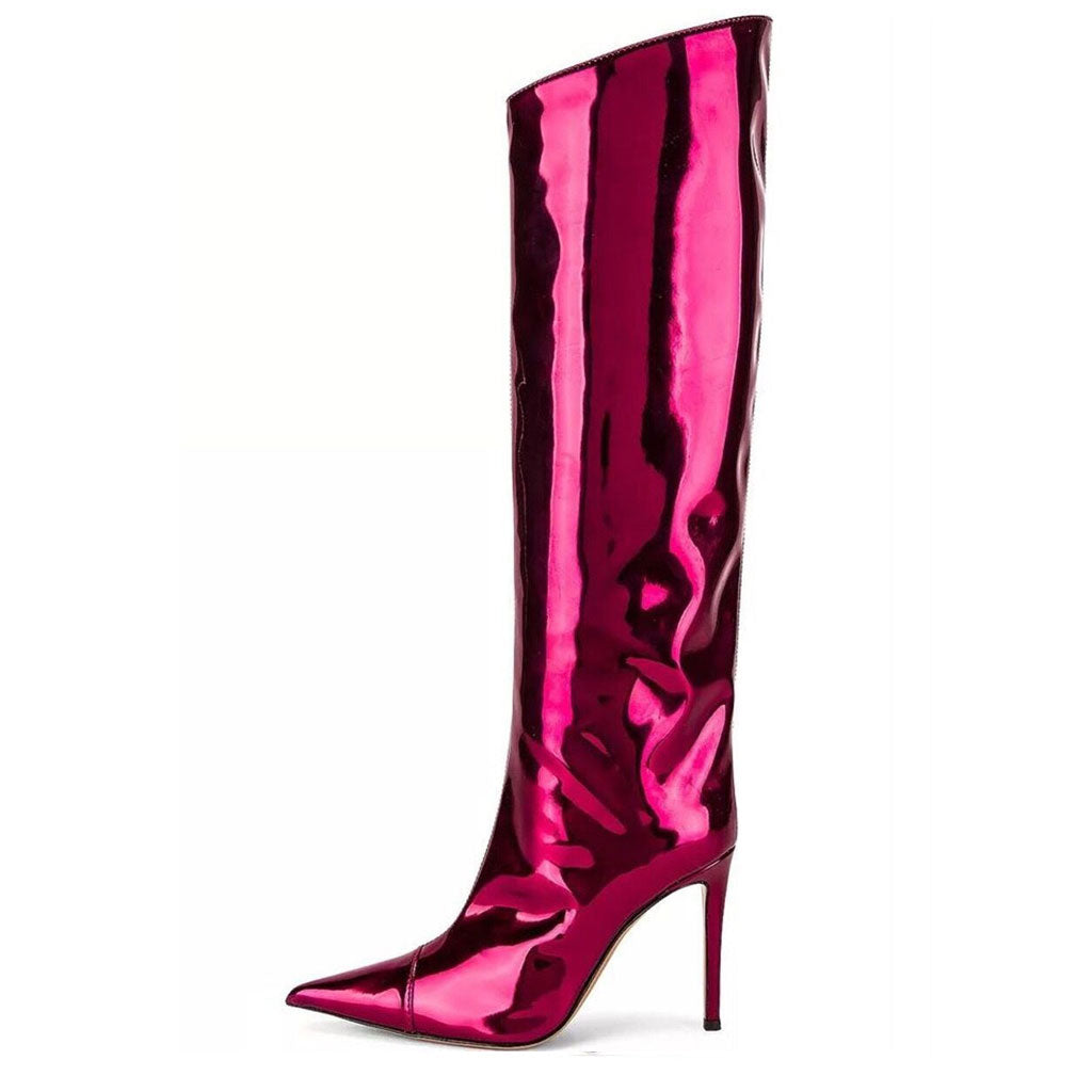 Metallic Pointed Toe Patent Leather Knee High Stiletto Boots - Fuchsia