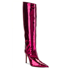 Metallic Pointed Toe Patent Leather Knee High Stiletto Boots - Fuchsia