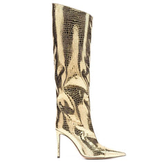 Metallic Snake Effect Pointed Toe Knee High Stiletto Boots - Gold