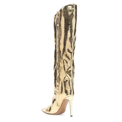 Metallic Snake Effect Pointed Toe Knee High Stiletto Boots - Gold