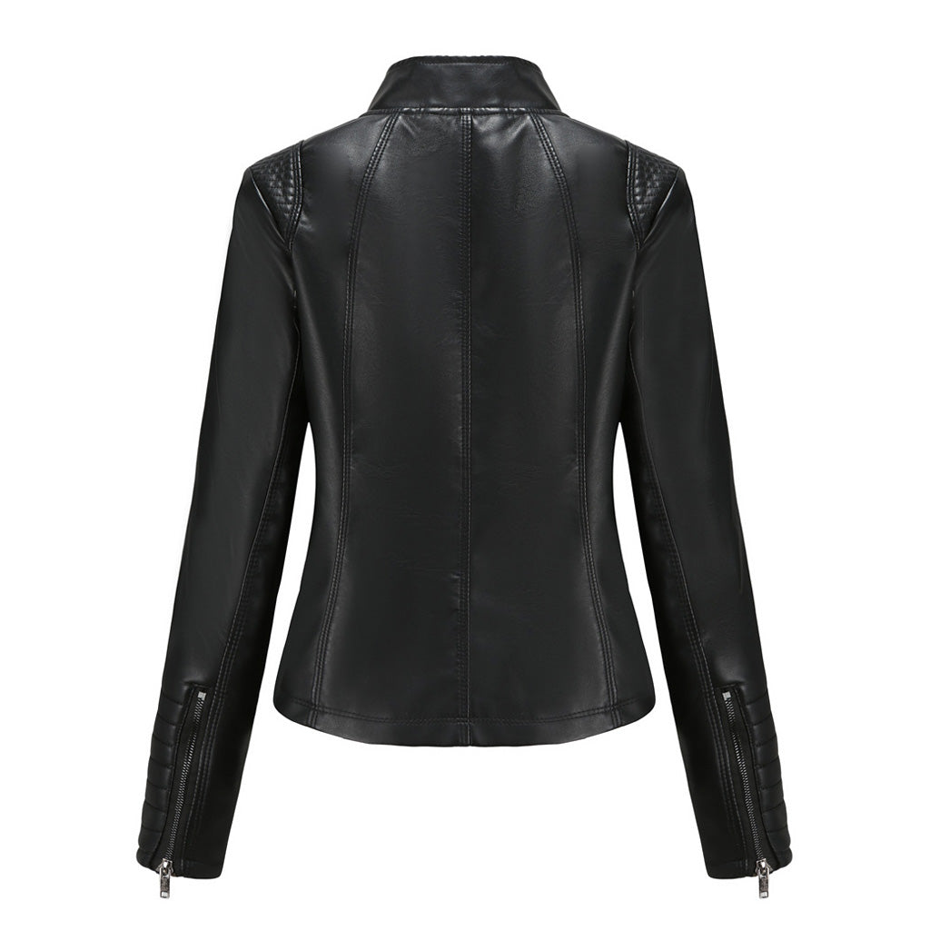 Minimalist Stand Collar Long Sleeve Zip Up Slim Fit Vegan Leather Biker Jacket