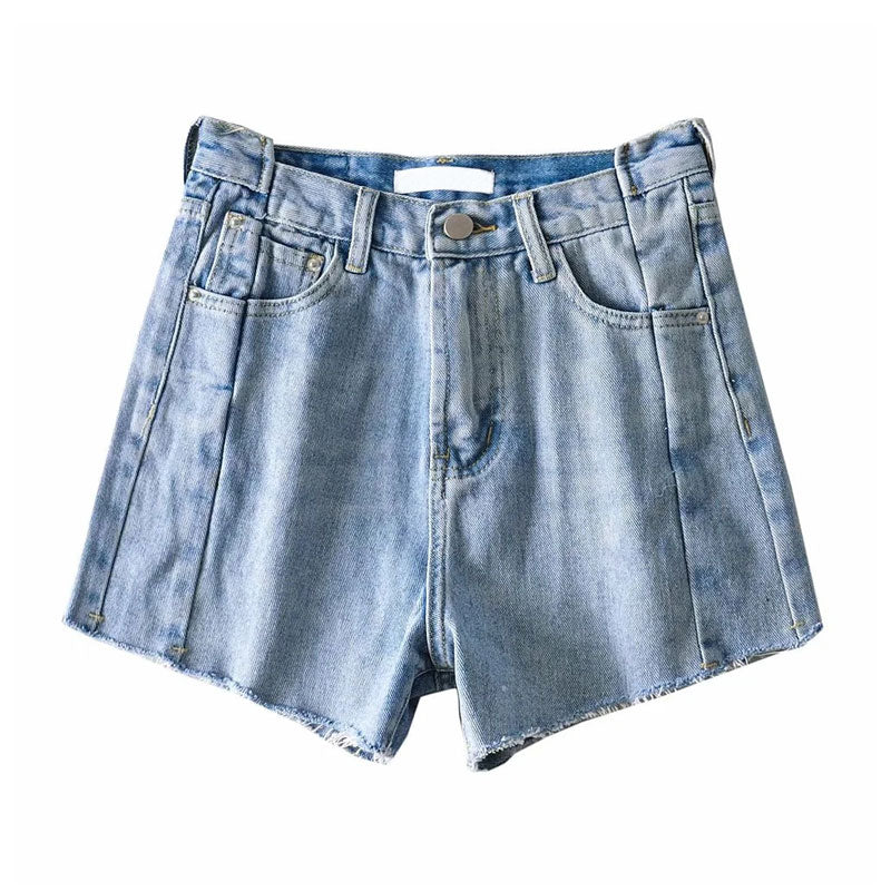 Misplaced Patchwork High Waist Frayed Denim Shorts - Light Blue