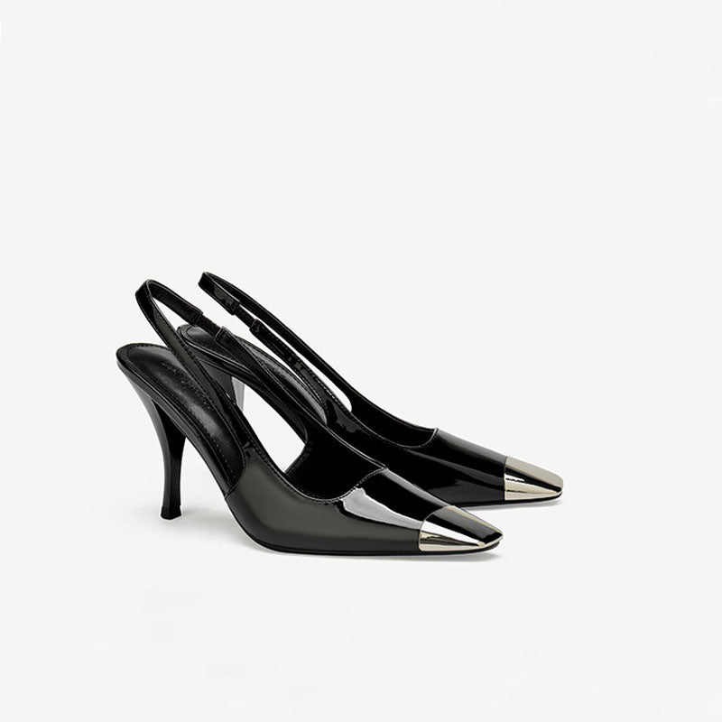 Modern Metal Square Toe Patent Slingback High Heel Pumps - Black