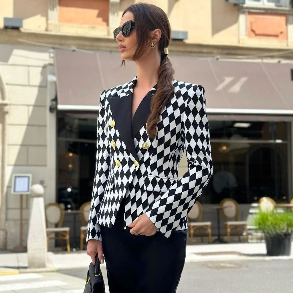 Monochrome Contrast Argyle Print Double Breasted Cinched Waist Blazer