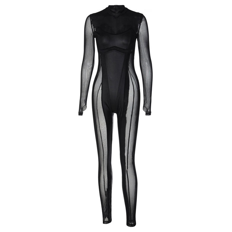 Moto Mock Neck Long Sleeve Sheer Mesh Faux Leather Jumpsuit - Black