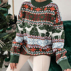 Nordic Fair Isle Crew Neck Oversized Christmas Pullover Sweater - Green