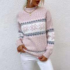 Nordic Fair Isle Mock Neck Chenille Marled Knit Snowflake Pullover Sweater - Pink