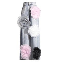 Offbeat Crystal Fringe Mid Rise Wide Leg Multicolored Rosette Denim Jeans