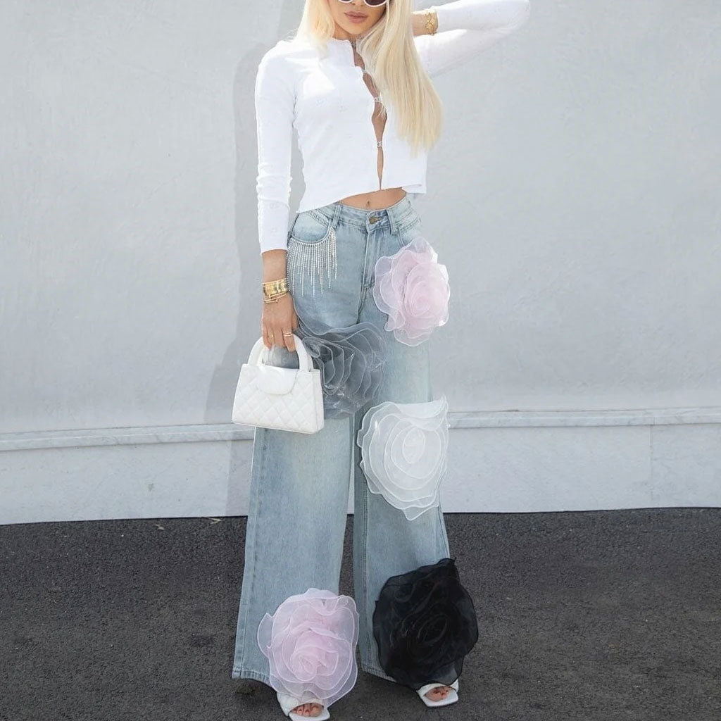 Offbeat Crystal Fringe Mid Rise Wide Leg Multicolored Rosette Denim Jeans