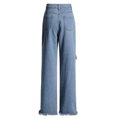 Offbeat High Waist Big Buckle Belt Grommet Frayed Wide Leg Denim Jeans