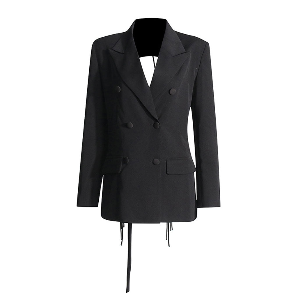 Offbeat Lapel Collar Long Sleeve Belted  Rhinestone Fringe Backless Blazer