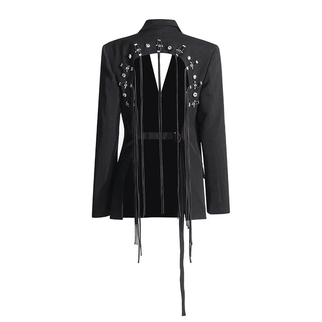 Offbeat Lapel Collar Long Sleeve Belted  Rhinestone Fringe Backless Blazer