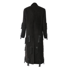 Offbeat Lapel One Button Long Sleeve Longline Leather Fringe Blazer Coat