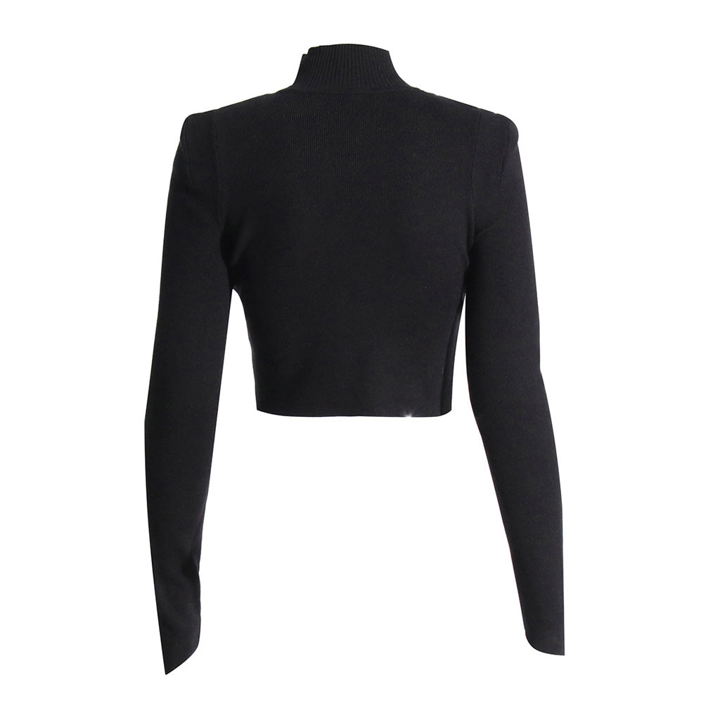 Offbeat Mock Neck Padded Long Sleeve Buckle Up Ribbed Knit Crop Sweater