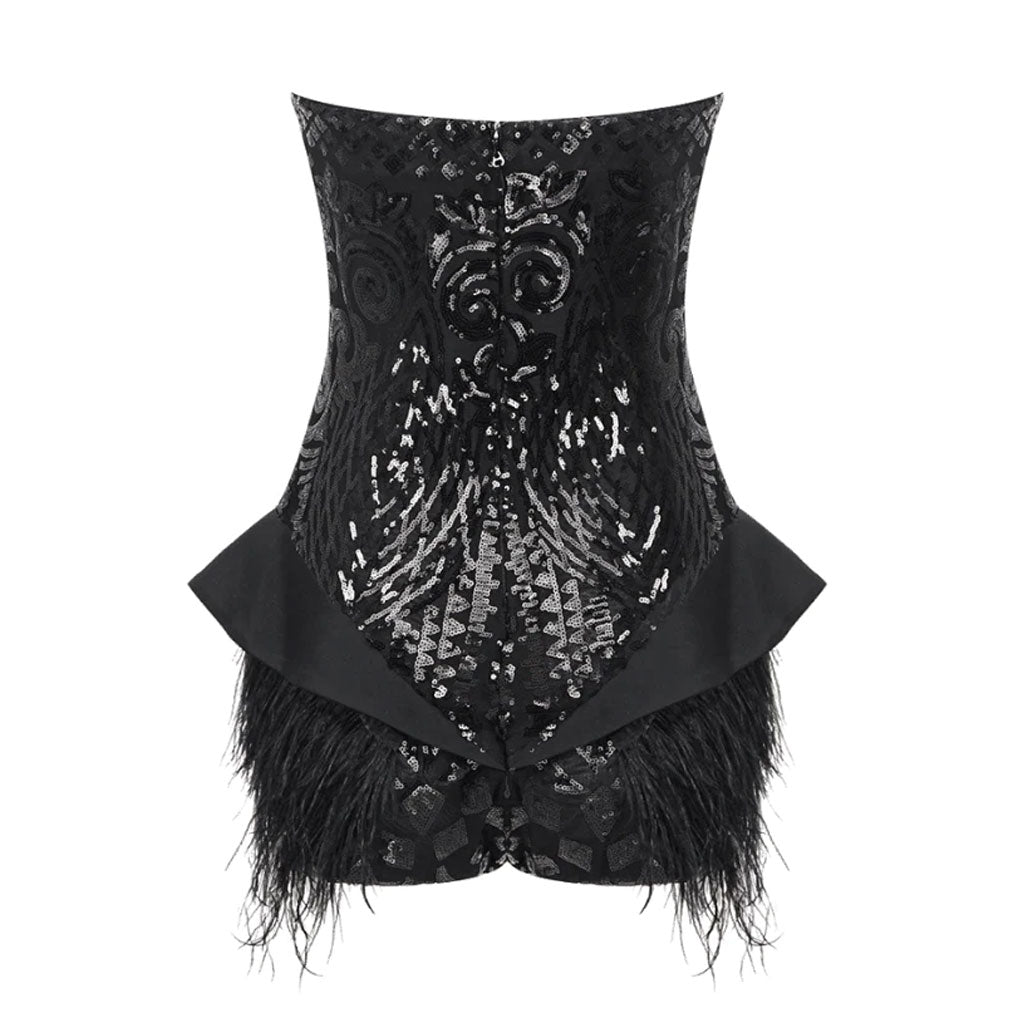 Old Hollywood Scoop Neck Ruffle Faux Feather Sequin Lace Party Tube Bodysuit