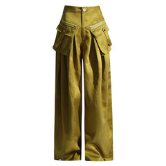 Opulent Brushed Effect High Waist Zipper Pocket Pleated Wide Leg Cargo Pants