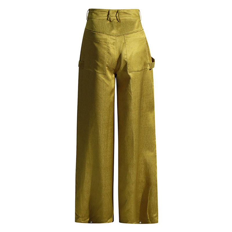 Opulent Brushed Effect High Waist Zipper Pocket Pleated Wide Leg Cargo Pants