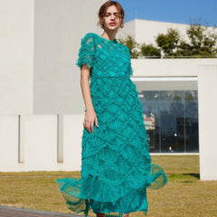 Opulent Crew Neck Sheer Sleeve High Waist A Line Dotted Tulle Ruffle Maxi Dress