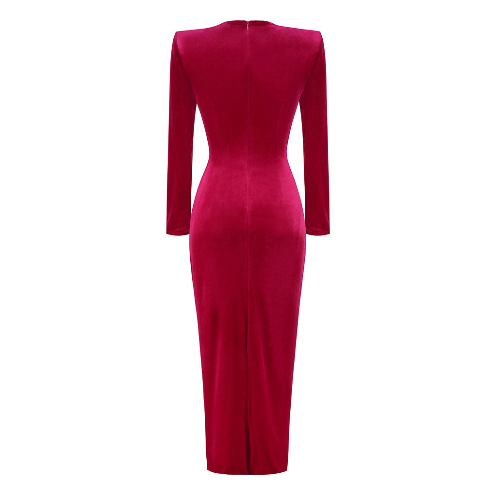 Opulent Crew Neck Shoulder Pad Long Sleeve Split Front Draped Velvet Maxi Evening Dress