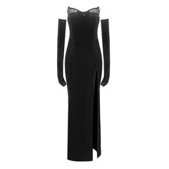 Opulent Crystal Bow Trim Strapless Opera Glove Split Velvet Maxi Fishtail Dress