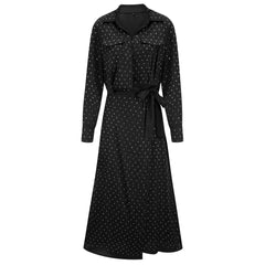 Opulent Crystal Dotted Half Button Bow Tie Long Sleeve Chiffon Midi Shirt Dress