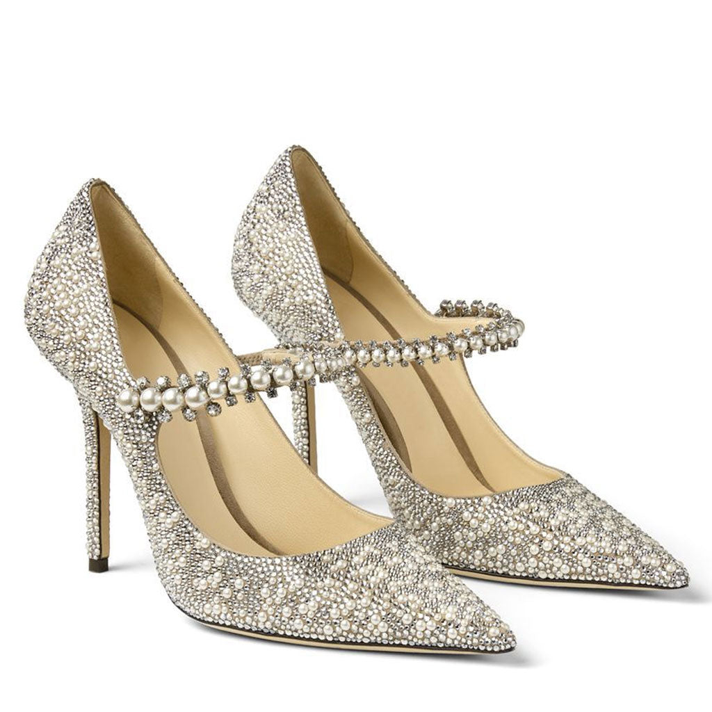 Opulent Crystal Pearl Embellished Stiletto Mary Jane Pumps - Grey