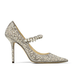 Opulent Crystal Pearl Embellished Stiletto Mary Jane Pumps - Grey