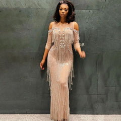 Opulent Gatsby Cold Shoulder Diamante Layered Fringe Sheer Mesh Maxi Evening Dress