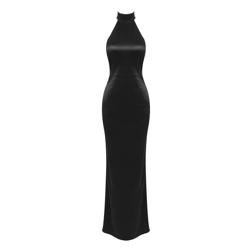 Opulent Halter Wrap Scarf Faux Pearl Backless Split Satin Gown Maxi Dress