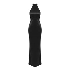 Opulent Halter Wrap Scarf Faux Pearl Backless Split Satin Gown Maxi Dress