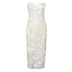 Opulent Notch Sweetheart Strapless Mesh Bodycon Embroidered Floral Midi Dress